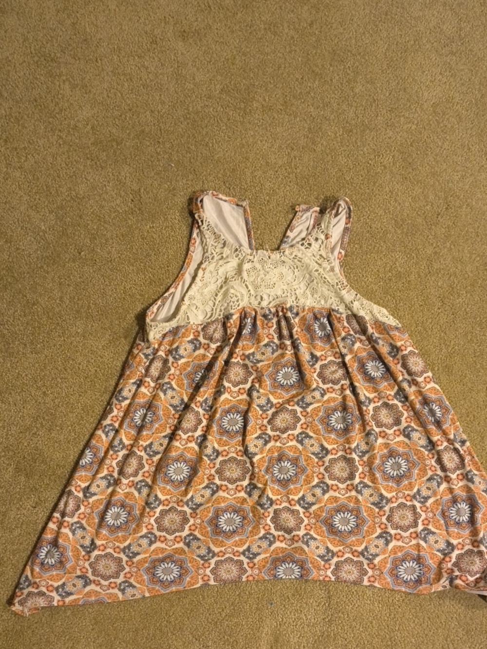 Xhilaration Cream Lace Yoke Crop Top with Orange Medallion Print